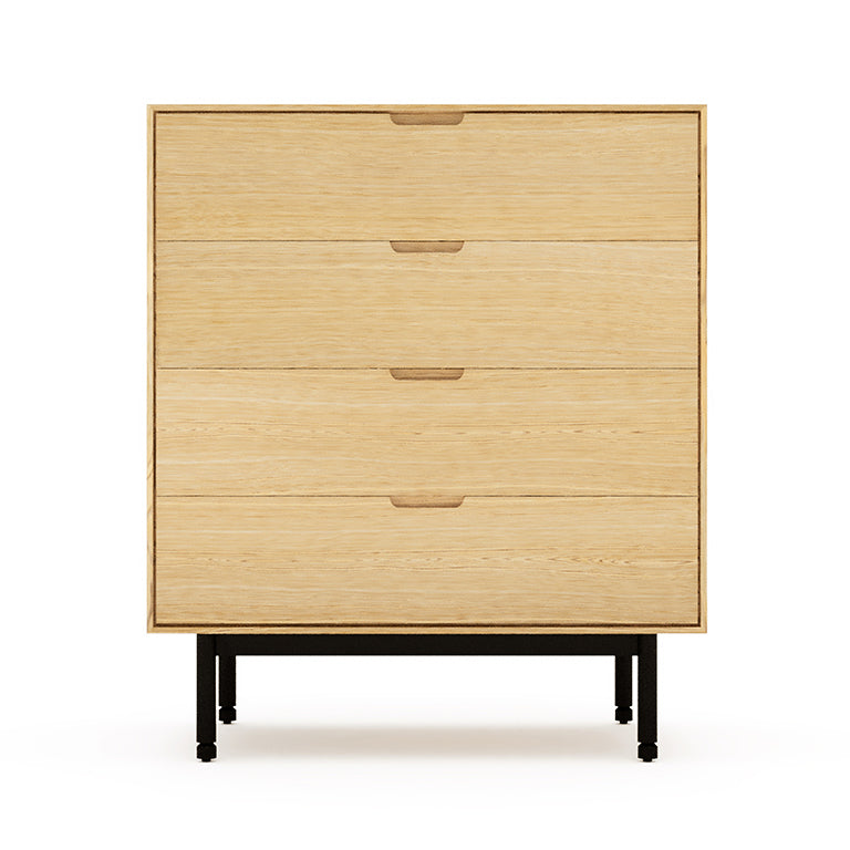 Light wood four-drawer dresser with black metal legs, featuring a minimalist midcentury modern design style.