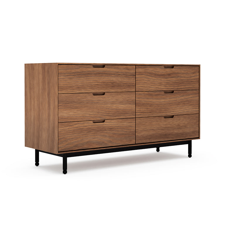 Modern six-drawer wood dresser in walnut finish with black metal legs and recessed handles for storage.