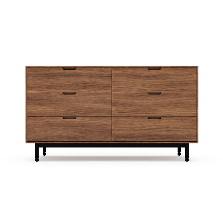 Mid-century modern wooden six-drawer dresser with black metal legs and smooth recessed handles.
