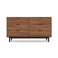 Mid-century modern wooden six-drawer dresser with black metal legs and smooth recessed handles.