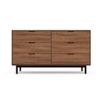 Mid-century modern wooden six-drawer dresser with black metal legs and smooth recessed handles.