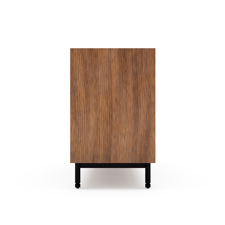 Side view of a wooden six-drawer dresser with black metal legs on a white background