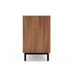 Side view of a wooden six-drawer dresser with black metal legs on a white background
