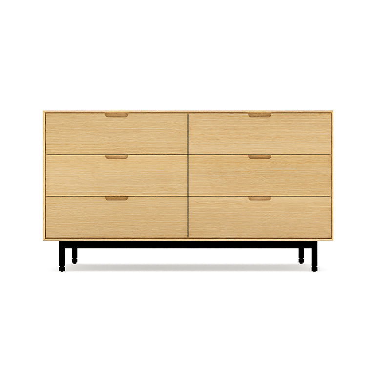 Modern six drawer dresser with light oak finish and black metal legs for stylish home storage solution