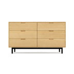 Modern six drawer dresser with light oak finish and black metal legs for stylish home storage solution