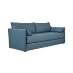 Modern blue fabric sofa with clean lines and plush cushions, suitable for living room seating and relaxation.