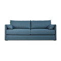 Modern blue fabric sofa with clean lines and two matching cushions on a white background