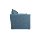 Side view of a modern blue fabric sofa with a cushion and clean, squared armrest design.