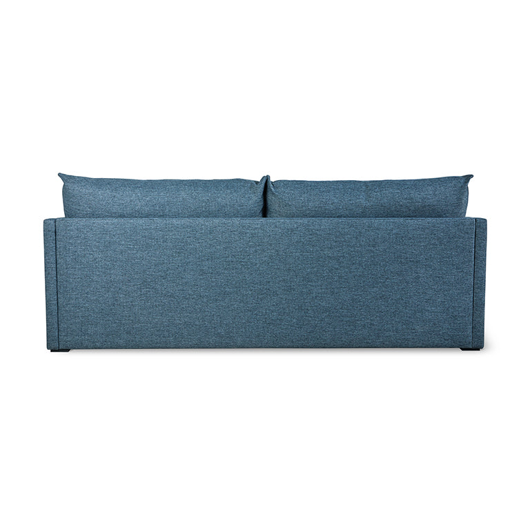 Back view of a modern blue fabric sofabed with two loose back cushions and clean lines