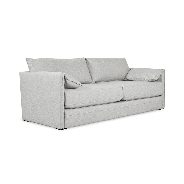 Modern light gray fabric sofabed with clean lines and plush cushions on white background