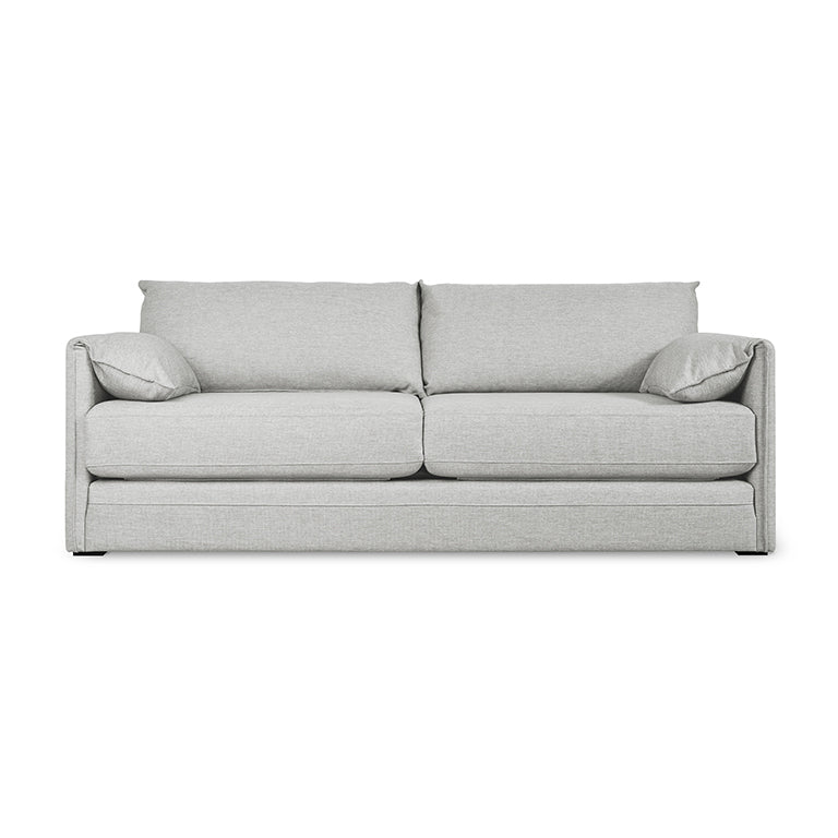 Light gray fabric sofa with clean lines, two seat cushions, two back cushions, and matching armrest pillows.
