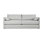 Light gray fabric sofa with clean lines, two seat cushions, two back cushions, and matching armrest pillows.