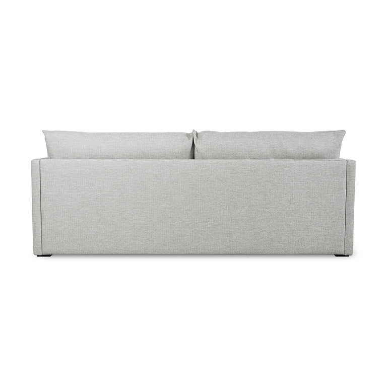 Light gray fabric sofabed viewed from the back with clean lines and minimalist modern design