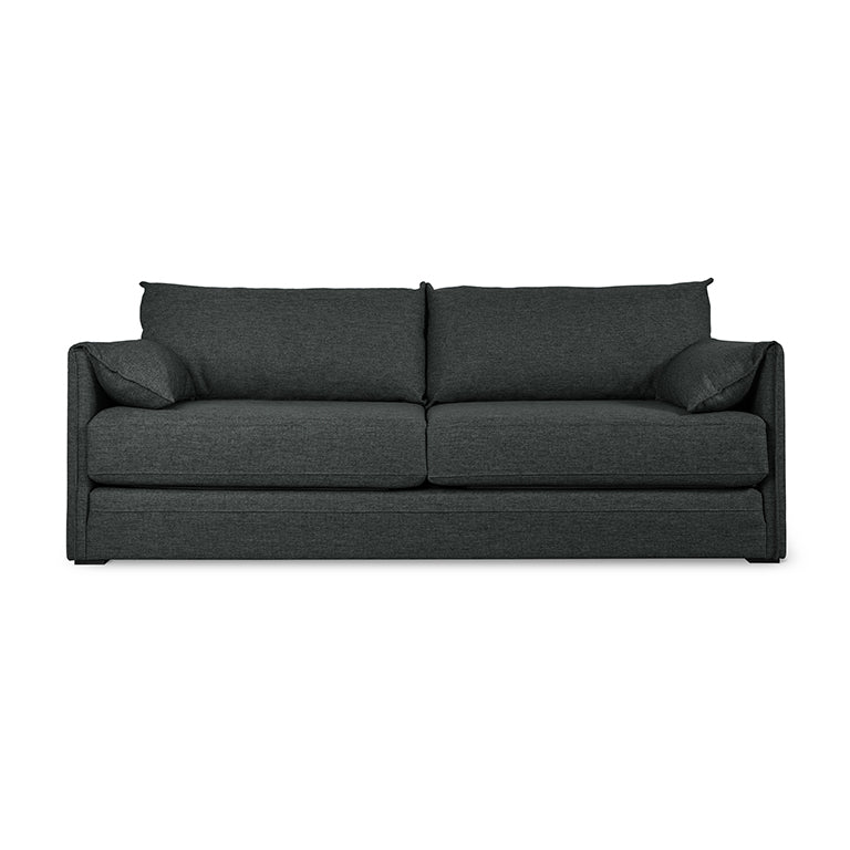 Dark gray modern sofa with clean lines and two backrest cushions, suitable for living room seating and lounging.