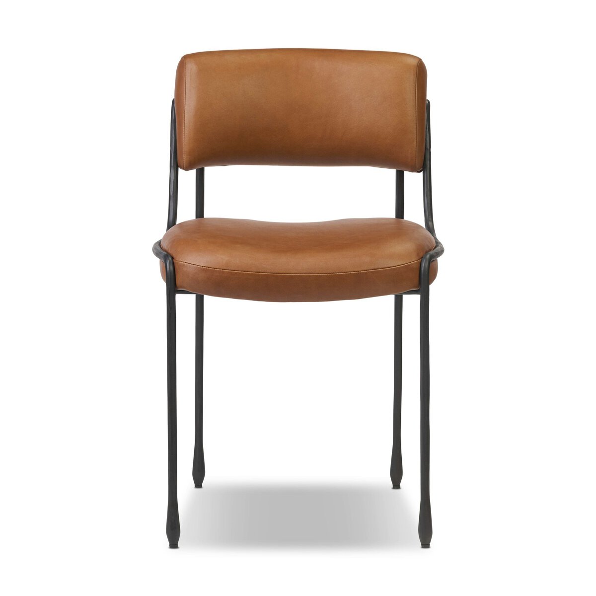 Brown leather dining chair with curved backrest and slender black metal legs on a white background