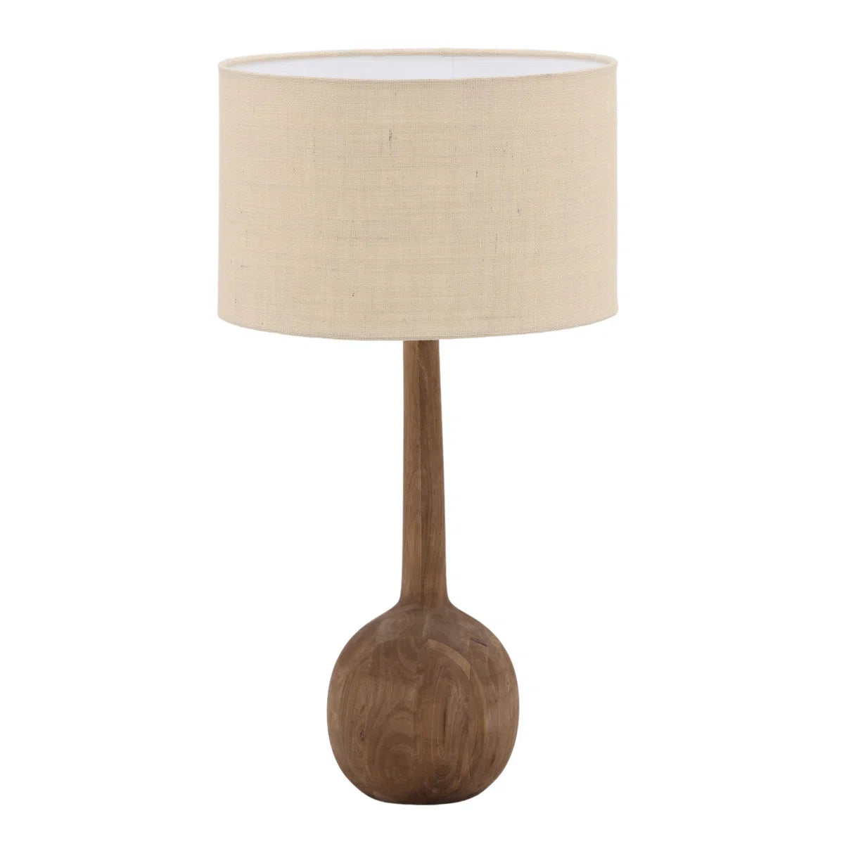 Tall table lamp with rounded wooden base and beige fabric drum shade for home decor lighting