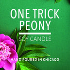 Bright pink peony flower with green leaves on green background emphasizing soy candle hand poured in Chicago text