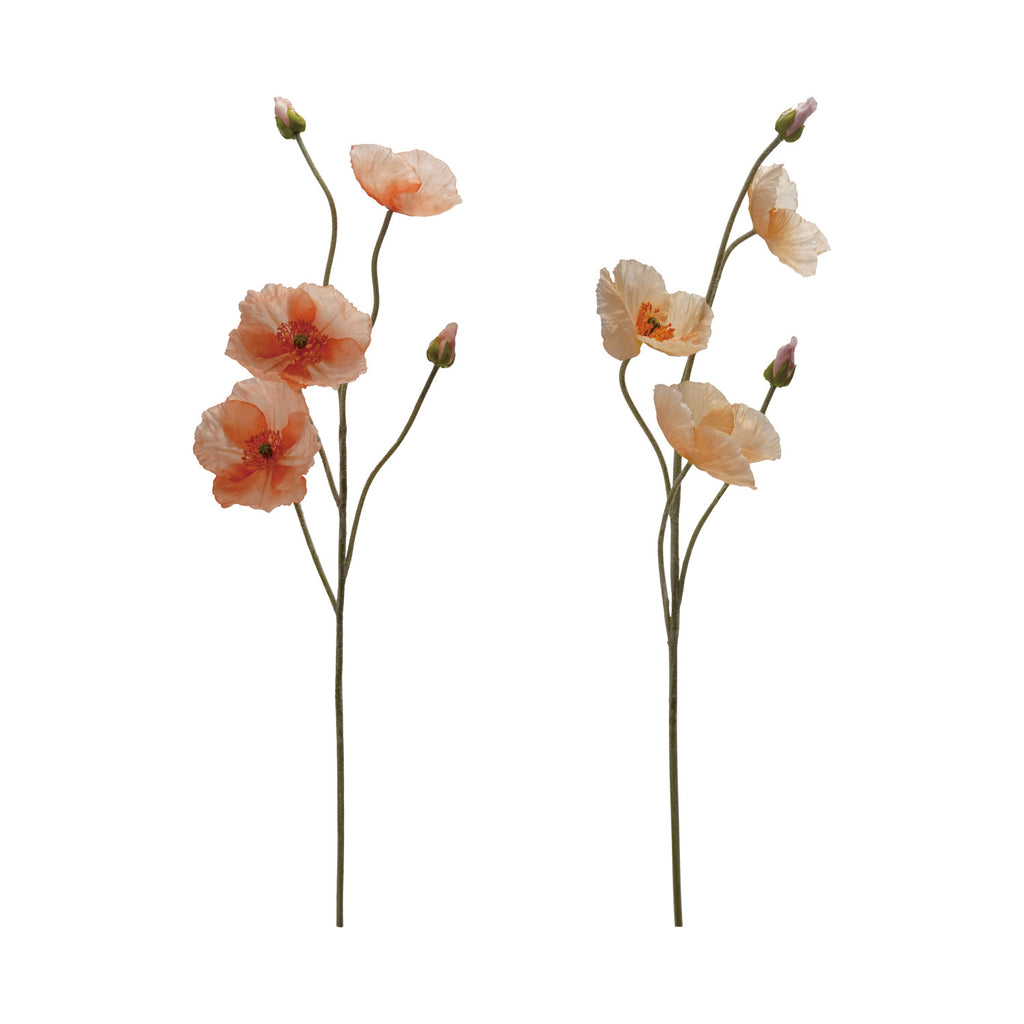 Two artificial flower poppy stems with peach-colored flowers on a white background