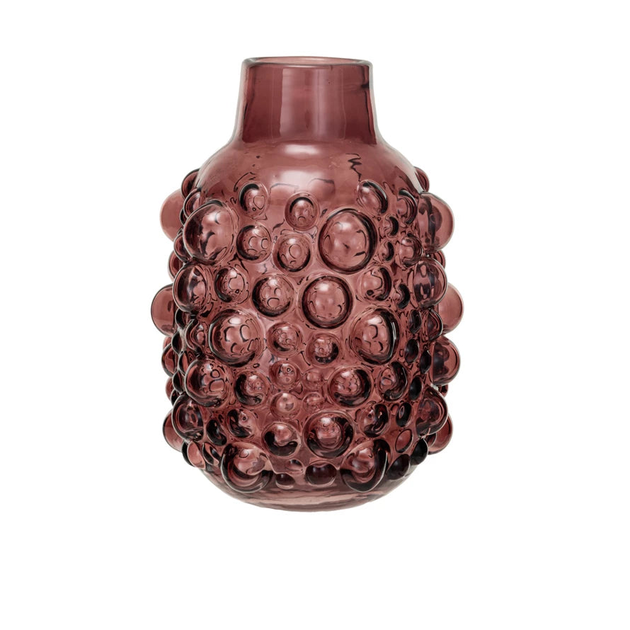 Purple glass vase with raised bubble texture, designed for decorative home use or as a stylish planter.
