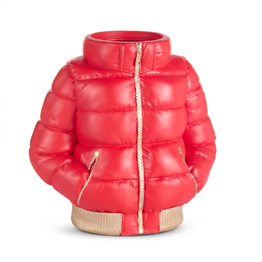 Red vase designed to resemble a shiny, quilted red puffer jacket with gold zipper details and pockets.