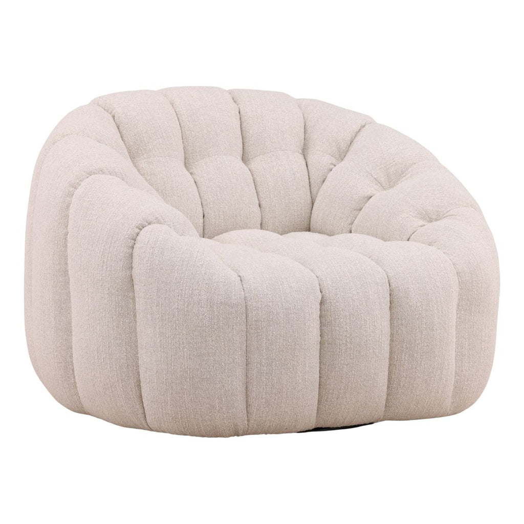 Plush beige swivel chair with rounded, tufted upholstery and a modern, cozy design for living spaces