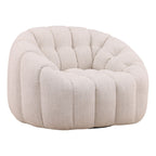 Plush beige swivel chair with rounded, tufted upholstery and a modern, cozy design for living spaces