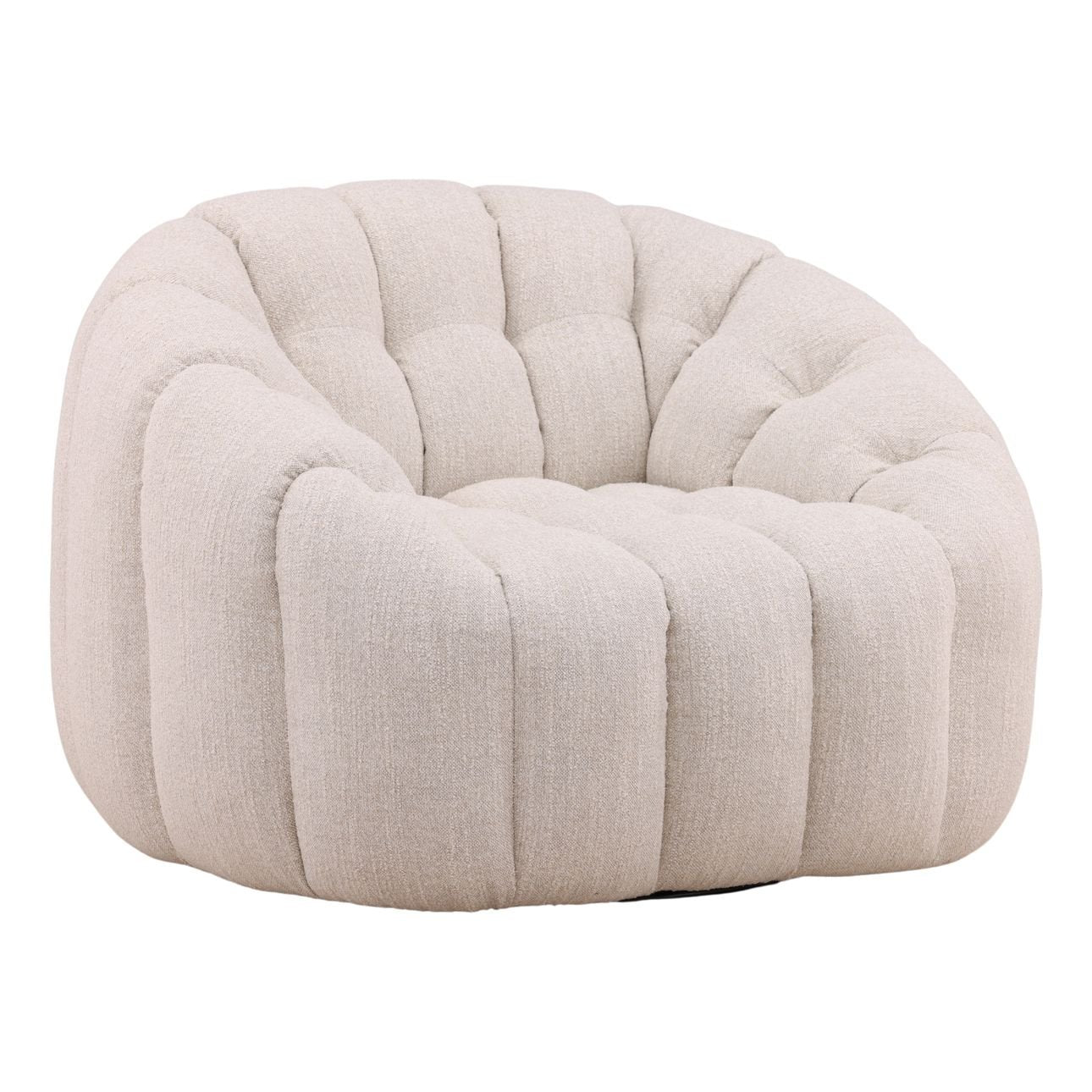 Plush beige swivel chair with rounded, tufted upholstery and a modern, cozy design for living spaces