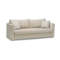 Beige modern sofa with clean lines and two patterned accent pillows on a white background