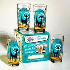 Set of four mid-century modern glasses with black atomic space cat designs and turquoise and gold accents displayed with packaging box.