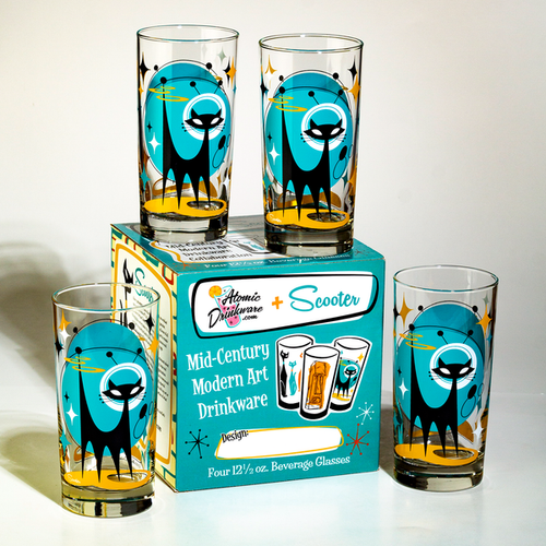 Set of four mid-century modern glasses with black atomic space cat designs and turquoise and gold accents displayed with packaging box.
