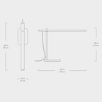 Line drawing showing dimensions of a modern task lamp with adjustable arm and rectangular base in inches and centimeters
