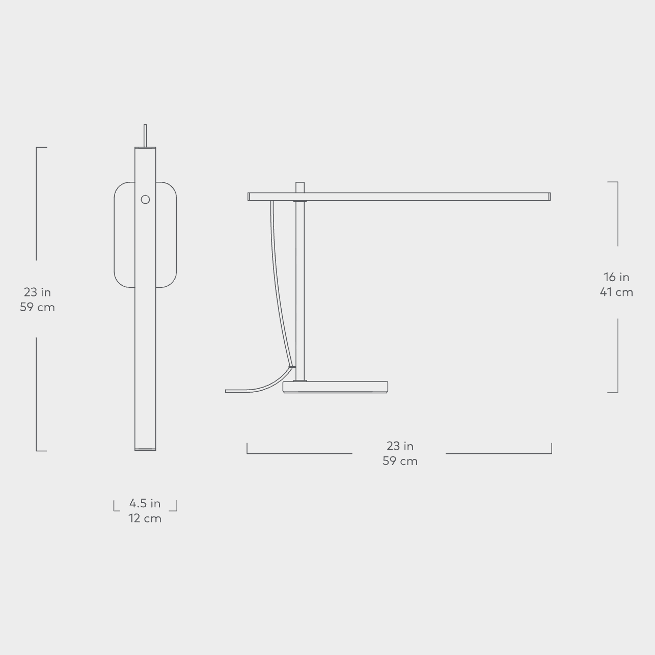 Line drawing showing dimensions of a modern task lamp with adjustable arm and rectangular base in inches and centimeters