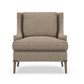 Modern beige upholstered chair with angled wooden legs and cushioned seat and backrest.
