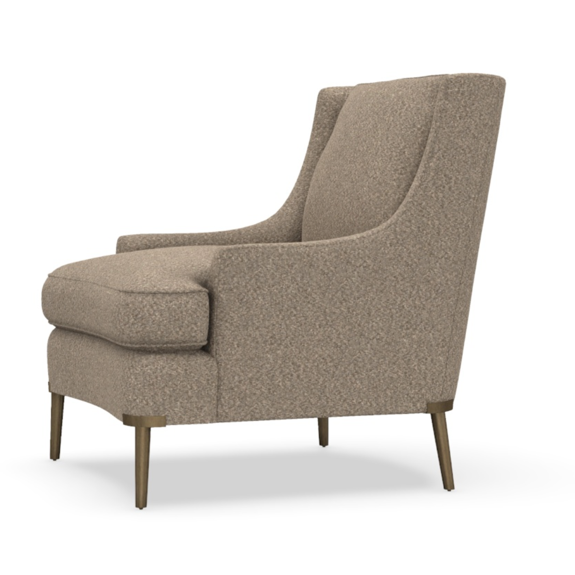 Modern upholstered lounge chair with textured fabric and tapered wooden legs in a neutral tone