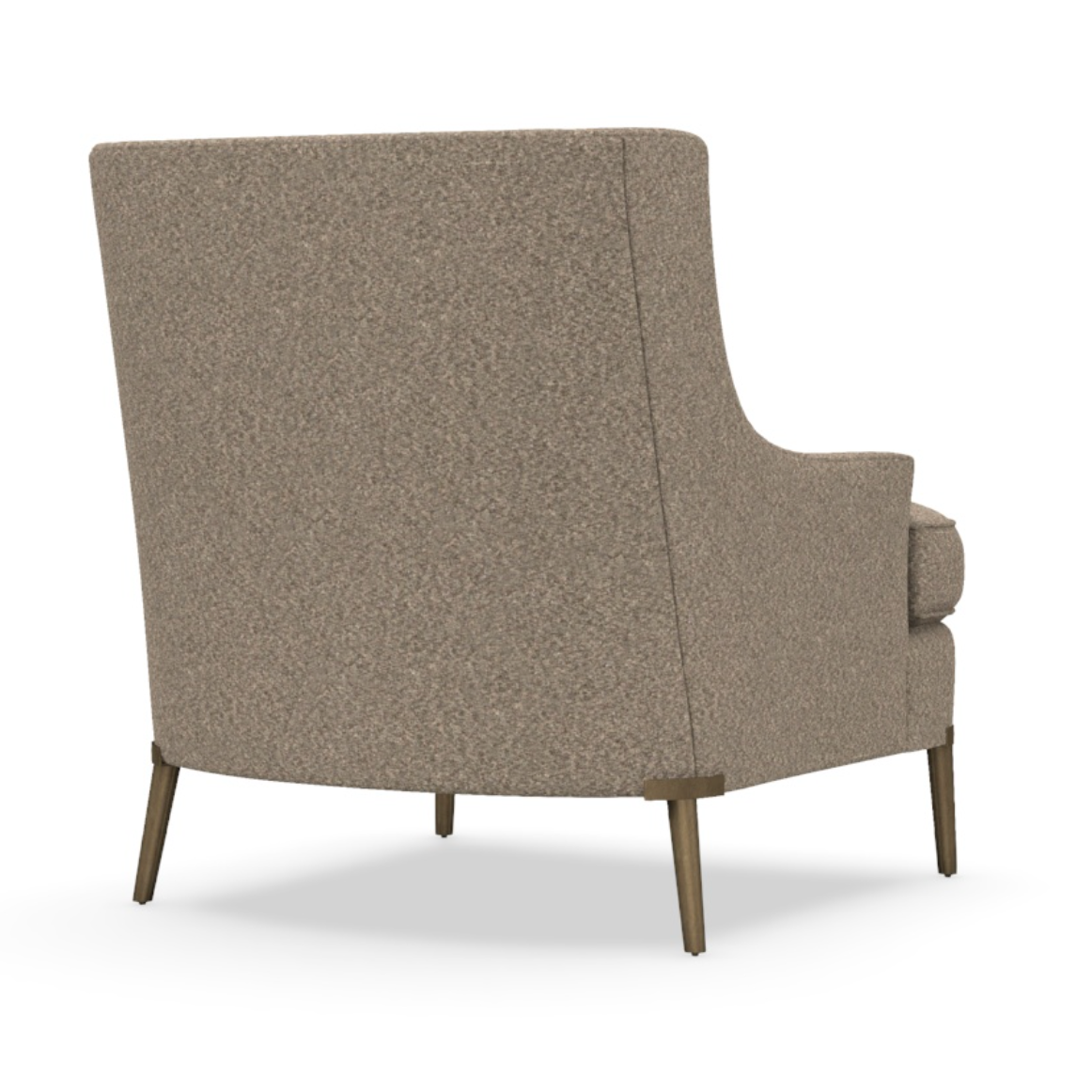 Back view of a modern upholstered chair with slim wooden legs and a textured beige fabric finish