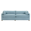 Light blue denim sofa with clean lines, plush cushions, and wooden block legs, ideal for modern living spaces