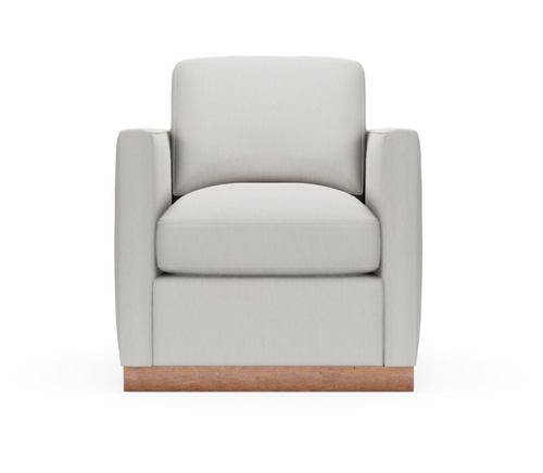 Light gray swivel chair with cushioned seat and backrest, wooden base, modern and minimalist design