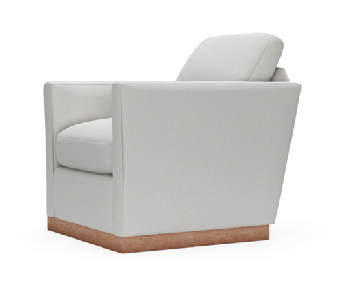 Modern light gray swivel chair with wooden base and cushioned armrests for comfortable seating