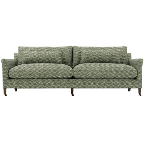 Green patterned mid-century modern sofa with wooden legs and comfortable cushioned seating and backrest