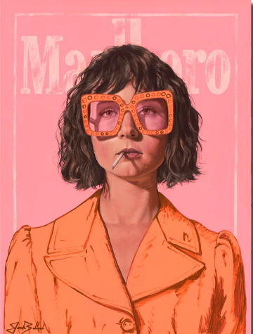 A stylized pop-art portrait print of a woman with short dark hair, oversized orange-rimmed glasses, and a cigarette, set against a pink background with the word 'Madler' in large white letters.