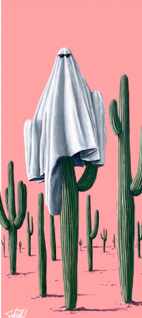 A stylized desert illustration with green saguaro cacti on a pink background, featuring a ghost-like white sheet draped over one cactus.