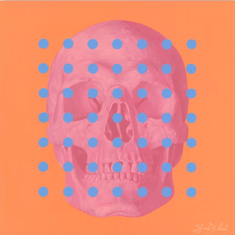 A stylized pink skull centered on a bright orange background, overlaid with a grid of light blue dots. 