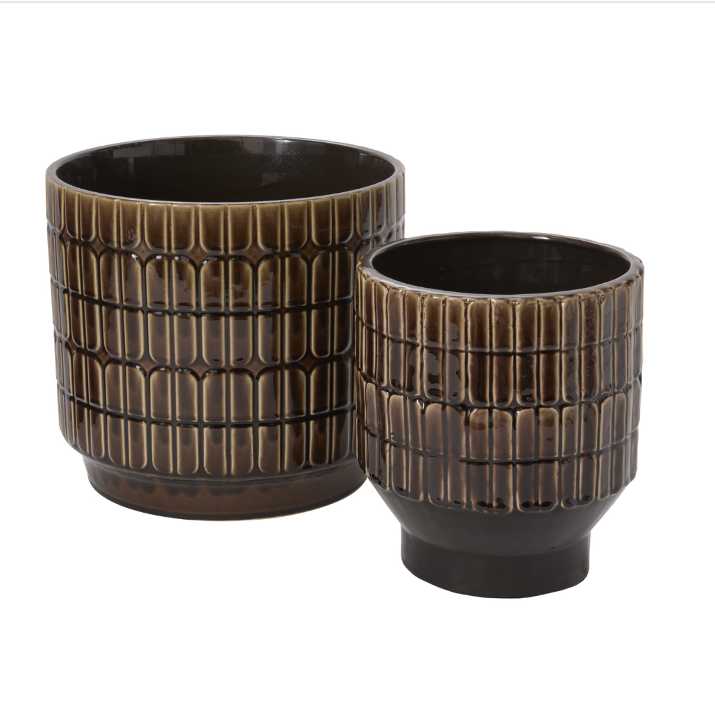 Two ribbed ceramic planters in a dark brown and beige glazed finish, displayed on a clean white background.