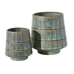 Two ceramic vases with a textured grid pattern and a muted blue-green glaze, displayed on a clean white background.