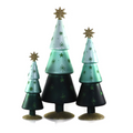 Three small decorative Christmas trees in graduated sizes, featuring a color gradient from gold star to mint green to dark green, with glittery gold star toppers and bases, set against a plain white background.