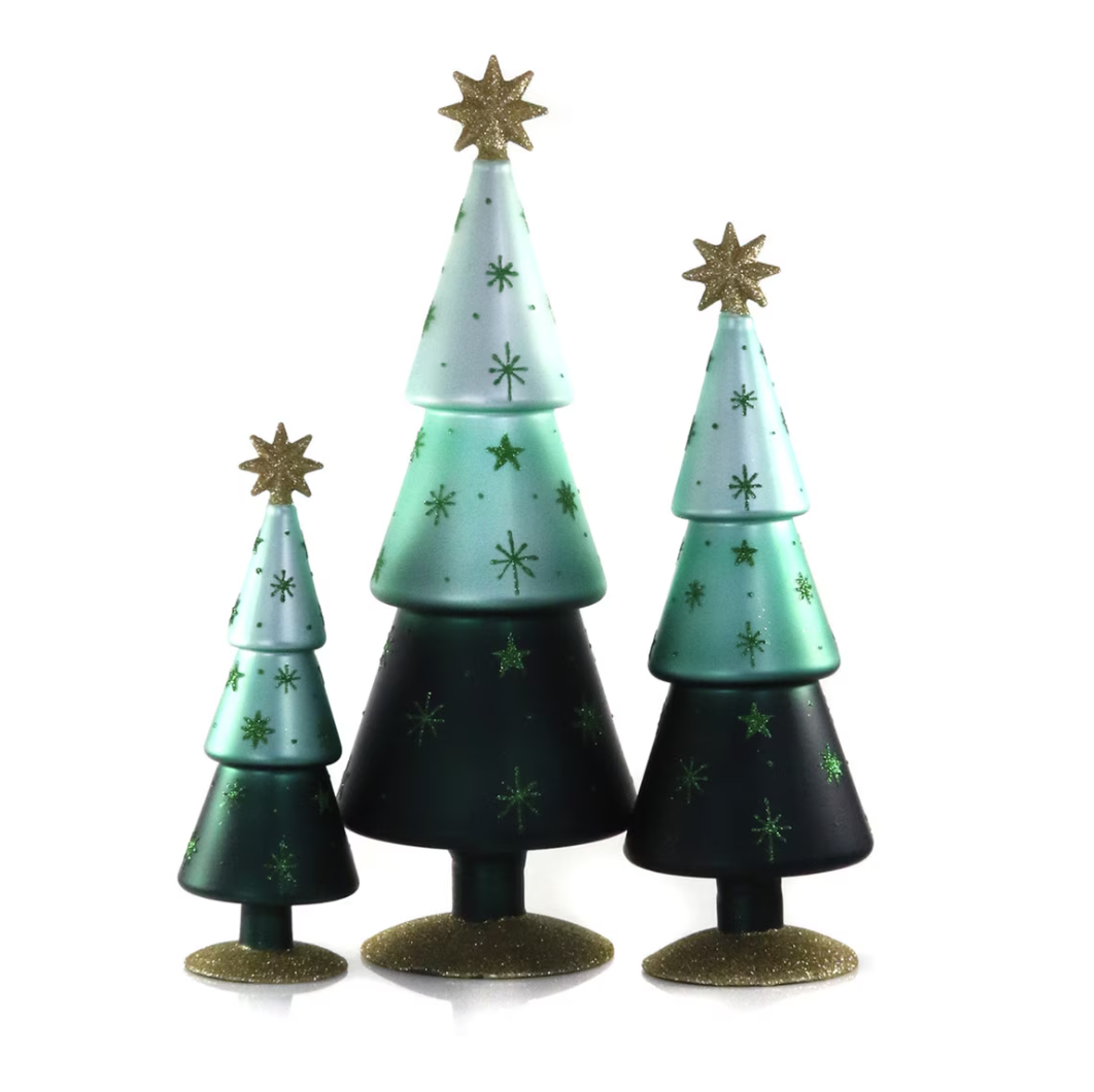 Three small decorative Christmas trees in graduated sizes, featuring a color gradient from gold star to mint green to dark green, with glittery gold star toppers and bases, set against a plain white background.