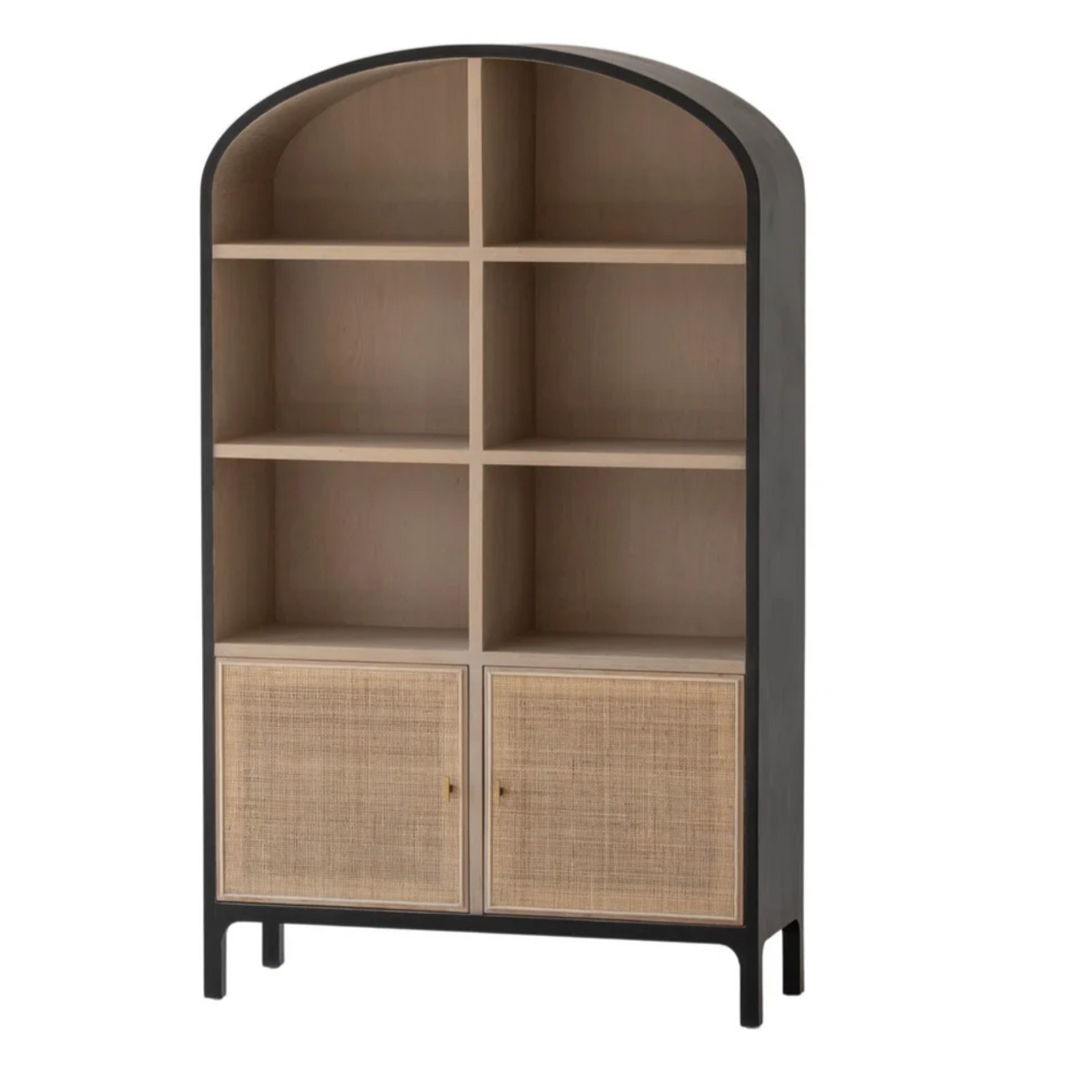 An arched bookcase cabinet with a dark charcoal frame, light wood shelves, and two lower cabinet doors with woven cane panels, shown on a plain white background.