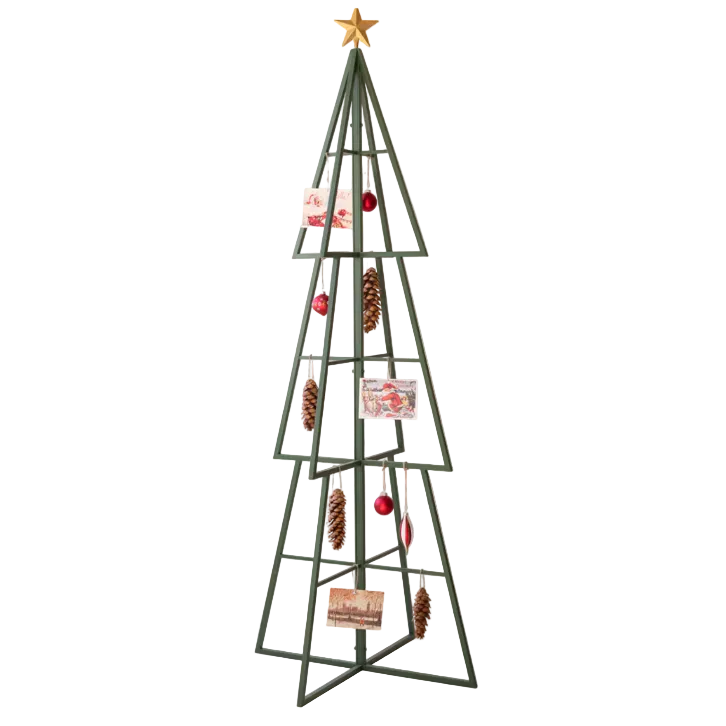 A green metal Christmas tree stand shaped like a tiered Christmas tree, decorated with pinecones, red ornaments, and holiday cards, topped with a gold star, set against a plain off-white wall.