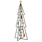 A green metal Christmas tree stand shaped like a tiered Christmas tree, decorated with pinecones, red ornaments, and holiday cards, topped with a gold star, set against a plain off-white wall.