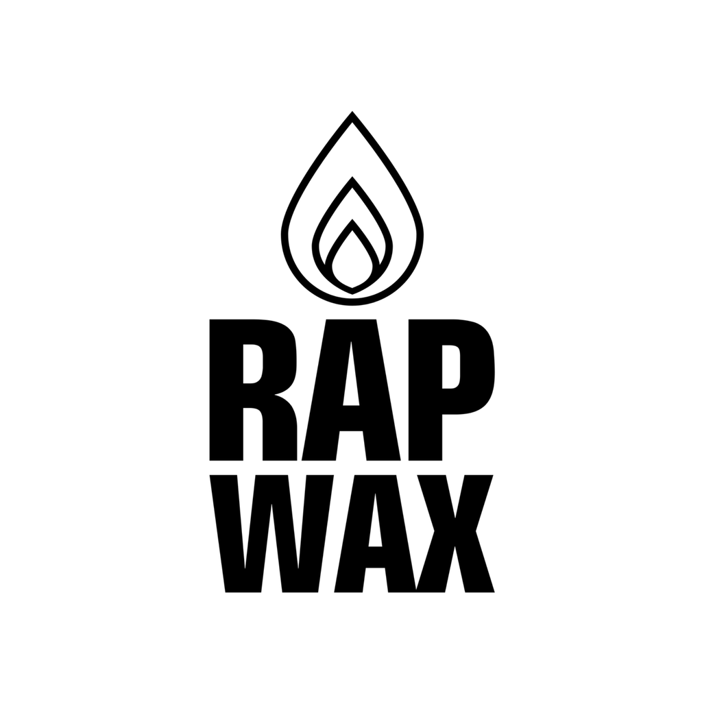 Minimalist black and white logo featuring a stylized flame above bold RAP WAX text for a wax product brand.